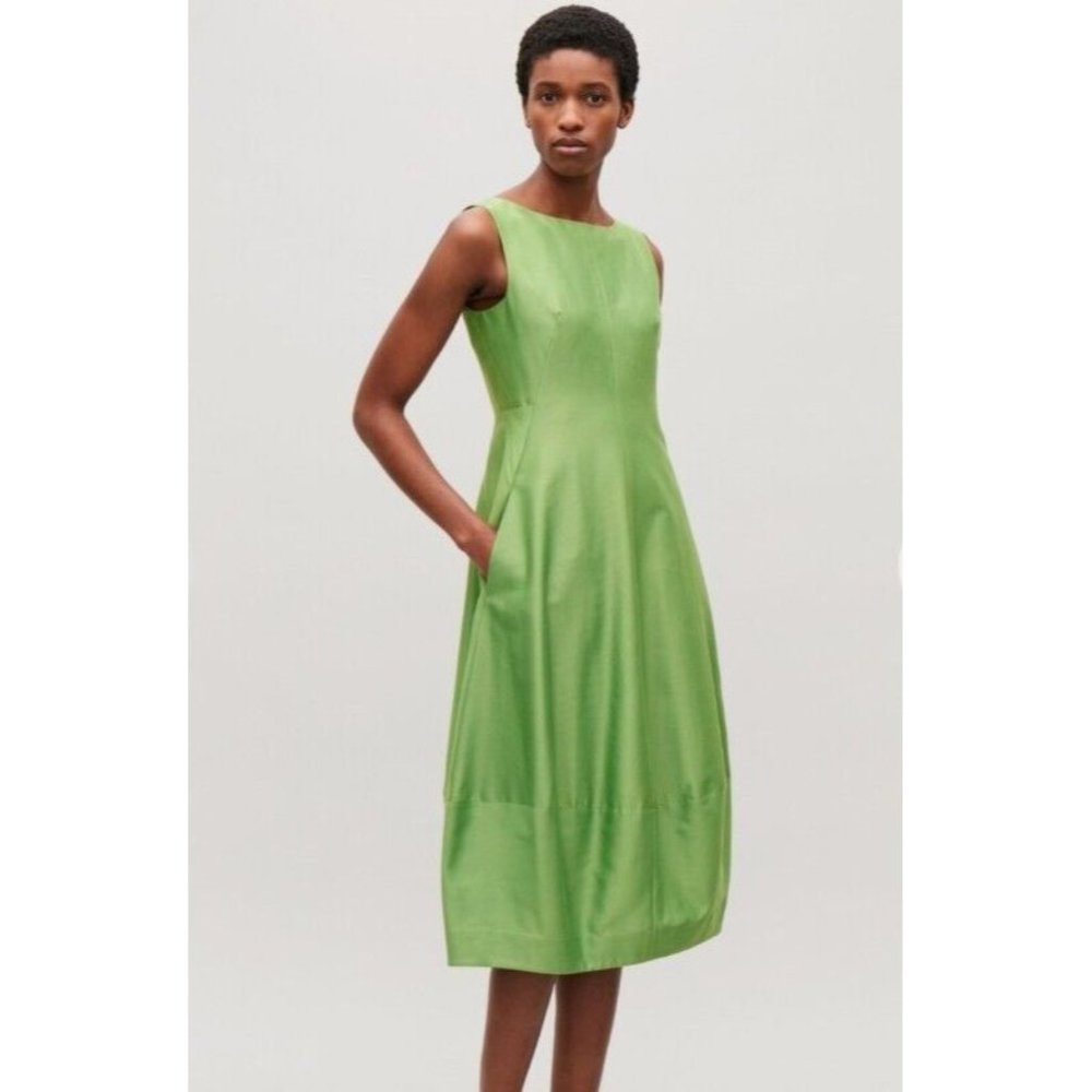 COS Iconic Cocoon Dress Silk & Cotton Blend EU 36 US 4 Green Sleeveless Pockets